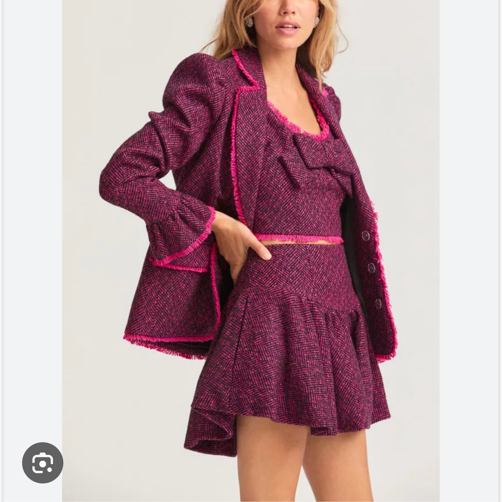LoveShackFancy Boisen Berry Pink Black Tweed Yoland Blazer 2 NEW Ruffle Jacket